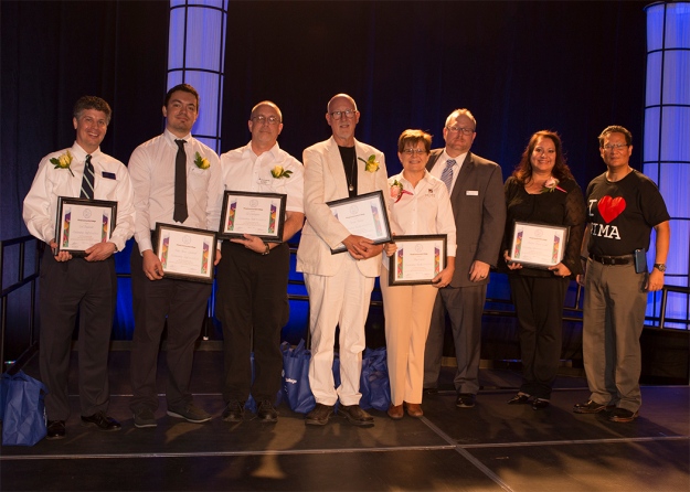 Carl Englander, Pedro Flores-Gallardo, Ed Gallagher, David Bishop, Amy Cramer, Ph.D., Anthony Sovak, Ph.D., and Dolores Durán-Cerda, Ph.D., winners of outstanding staff/faculty/administrator awards
